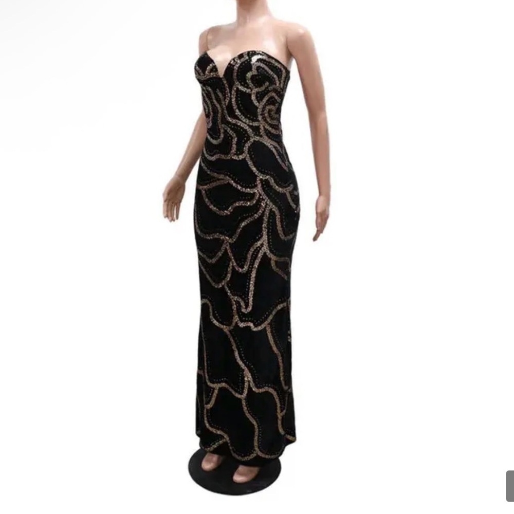 Strapless Black Evening Gown with Rose Gold Embellishment - Picture 2 of 4